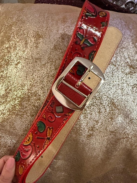 Red Floral Embossed Leather Belt with Silver Buckle